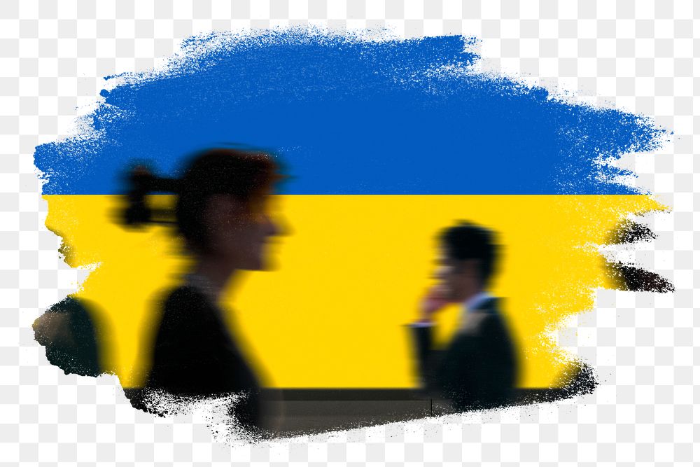 Ukraine png flag brush stroke sticker, silhouette people, transparent background