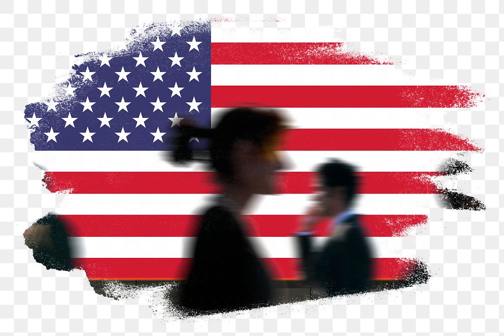 United States, US png flag brush stroke sticker, silhouette people, transparent background