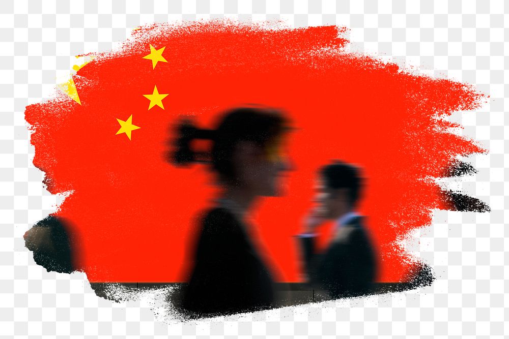China png flag brush stroke sticker, silhouette people, transparent background