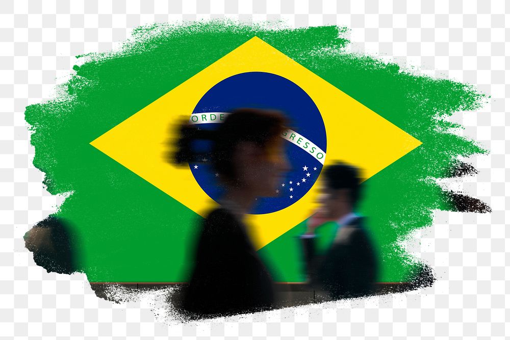 Brazil png flag brush stroke sticker, silhouette people, transparent background