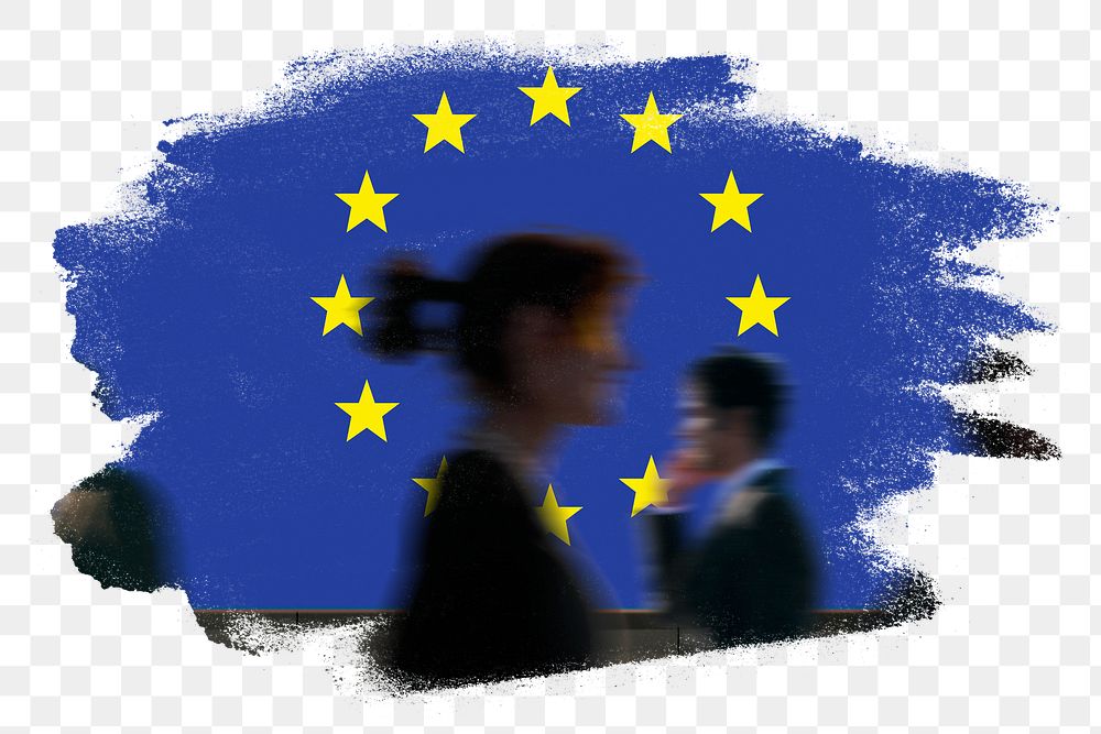 European union png flag brush stroke sticker, silhouette people, transparent background