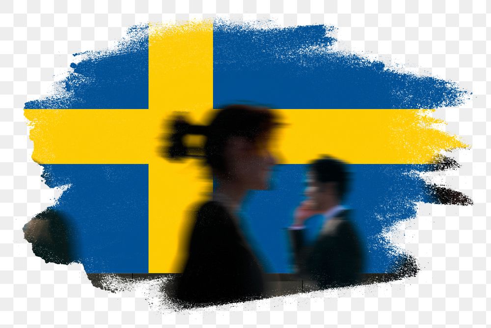 Sweden png flag brush stroke sticker, silhouette people, transparent background