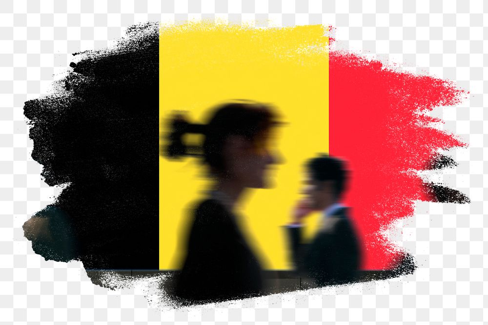 Belgium png flag brush stroke sticker, silhouette people, transparent background