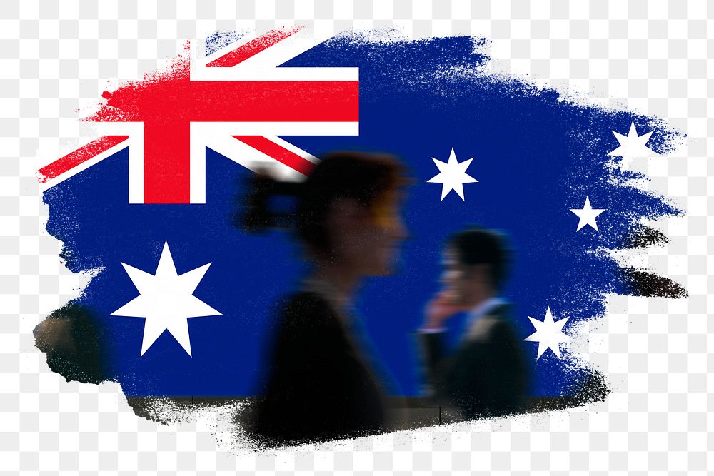 Australia png flag brush stroke sticker, silhouette people, transparent background