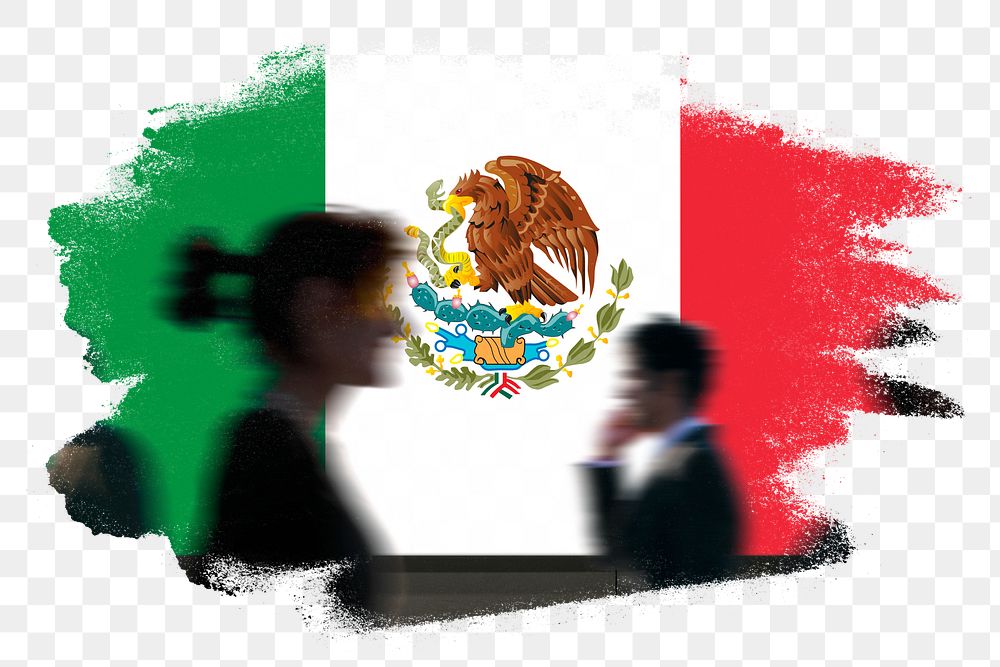 Mexico png flag brush stroke sticker, silhouette people, transparent background