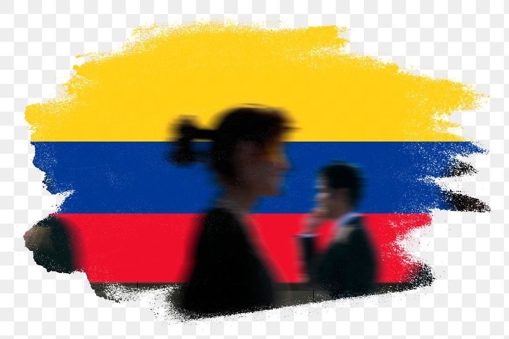 Colombia png flag brush stroke sticker, silhouette people, transparent background