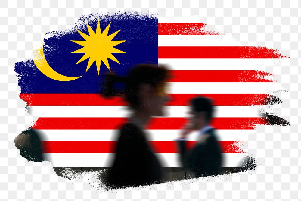 Malaysia png flag brush stroke sticker, silhouette people, transparent background