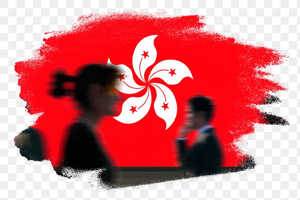 Hong Kong png flag brush stroke sticker, silhouette people, transparent background