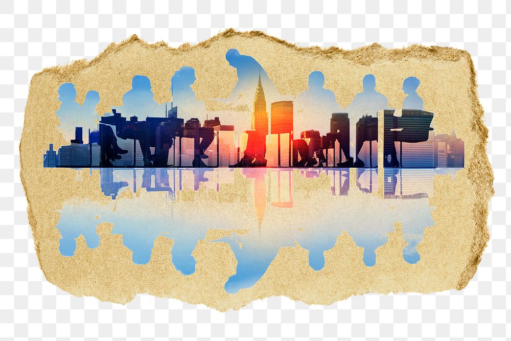 Business people png city silhouette ripped paper sticker on transparent background