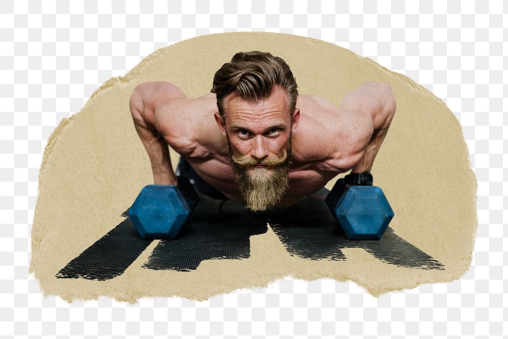 Man png doing push-up sticker, ripped paper, transparent background