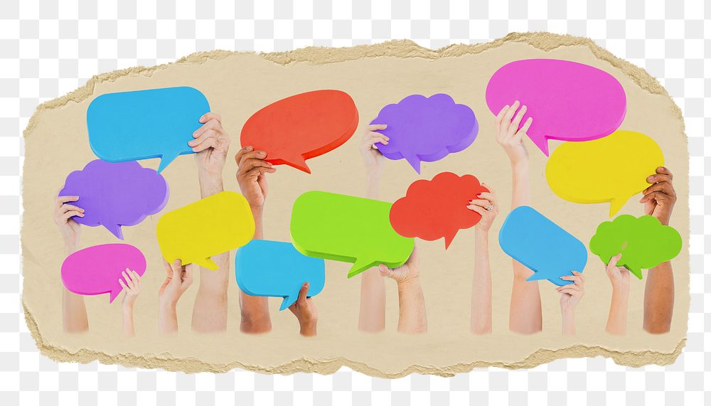 Diverse hands png holding speech bubbles sticker, ripped paper, transparent background