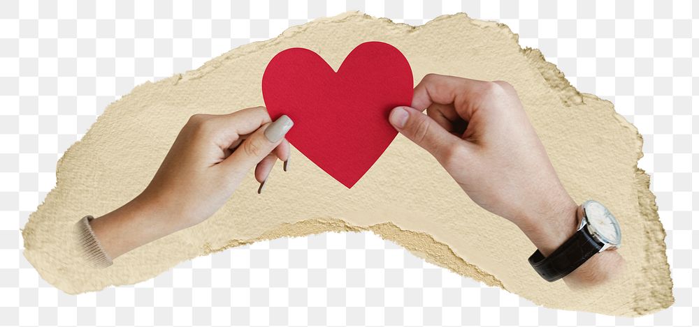 Couple png hands holding heart sticker, ripped paper, transparent background