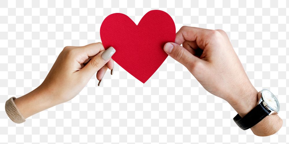 Couple png hands holding heart sticker, love image, transparent background