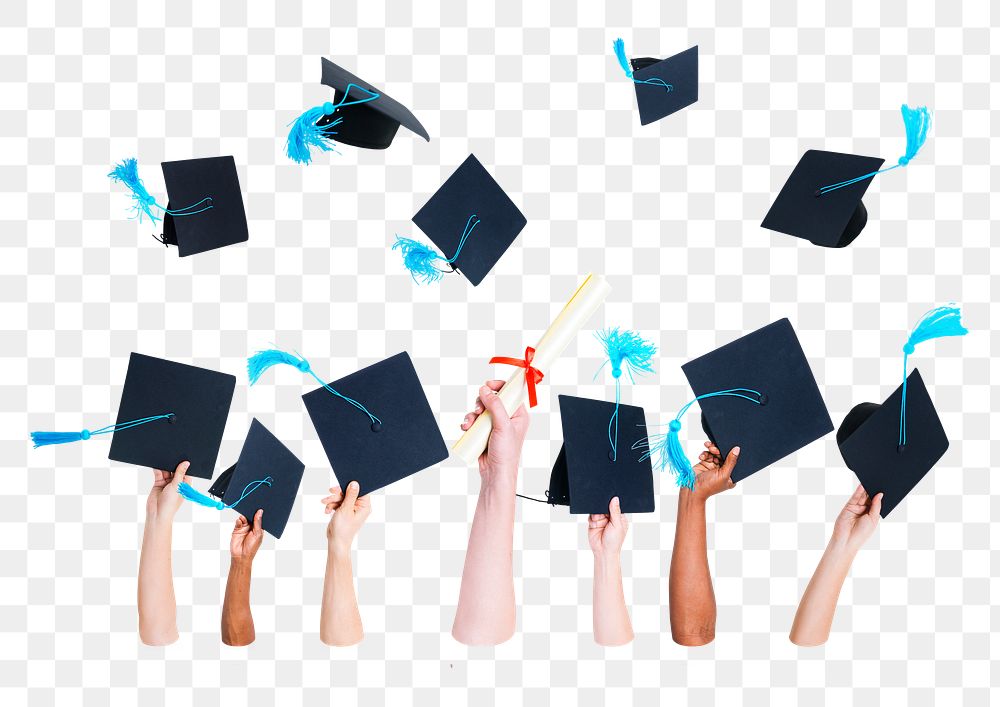 Hands throwing png graduation hats sticker, education image on transparent background