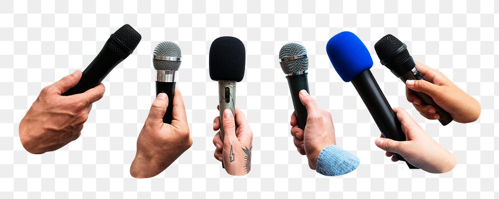 Diverse hands png holding speech microphones sticker, transparent background