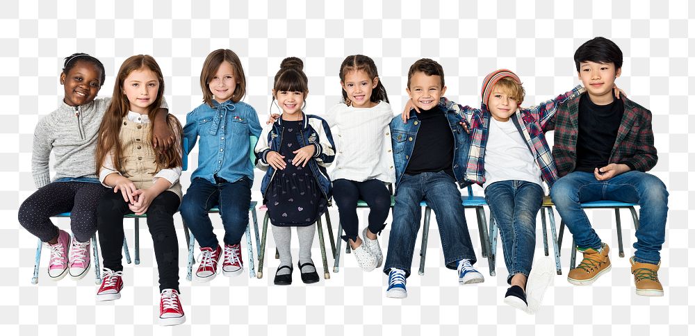 Png kids in a row sticker, transparent background