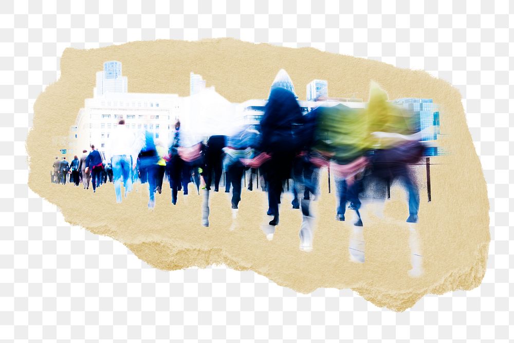 Crowd of people png ripped paper sticker, city graphic, transparent background