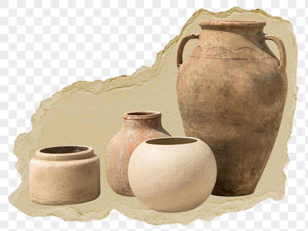 Clay pots png sticker, pottery torn paper, transparent background