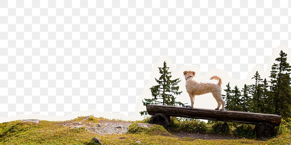 Dog in nature png border, torn paper design, transparent background