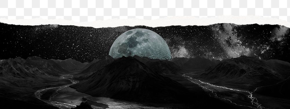 Dark space png border, ripped paper, full moon aesthetic, transparent background