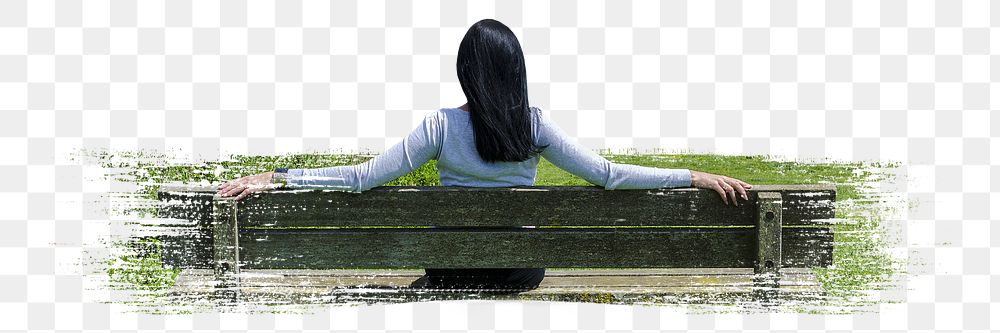 Woman sitting png on bench sticker, transparent background