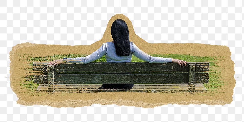 Woman sitting png on bench sticker, ripped paper, transparent background