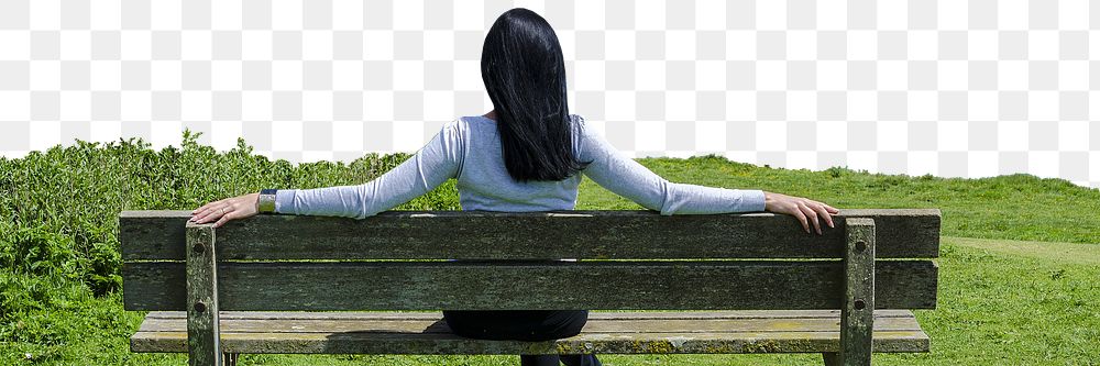 Woman sitting png on bench border, transparent background