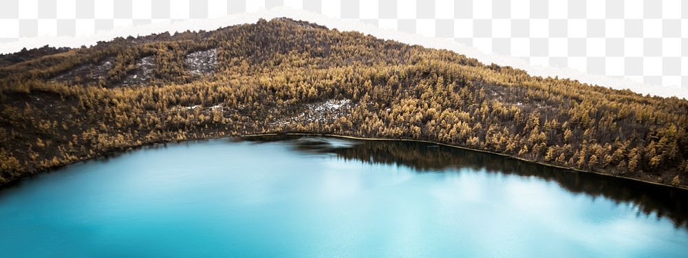 Beautiful lake png border, ripped paper, nature landscape, transparent background