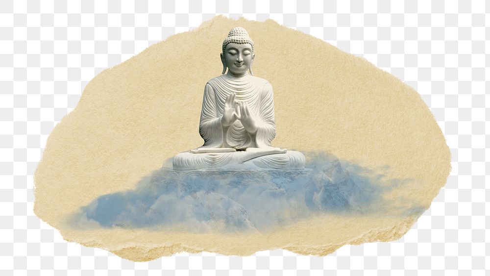 Buddha statue png sticker, ripped paper, transparent background