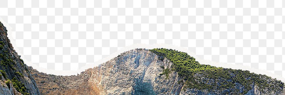 Island mountain png border, ripped paper, nature aesthetic, transparent background