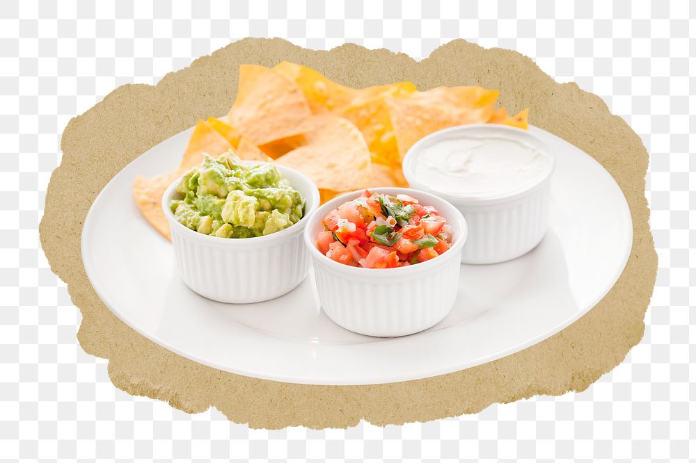 Tortilla chips png guacamole sticker, ripped paper, transparent background