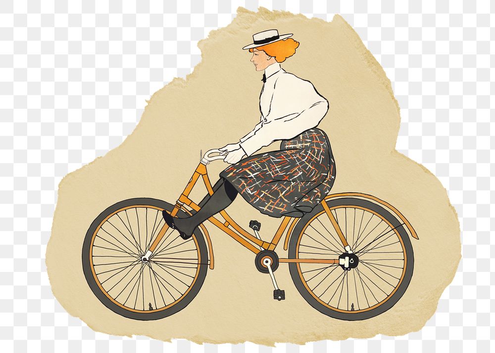 Woman riding bicycle png sticker, ripped paper, transparent background