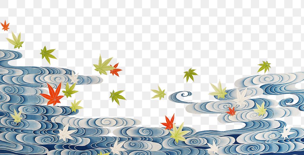 Png susoshiki with maple leaves in the Tatsuta river sticker, vintage illustration, transparent background