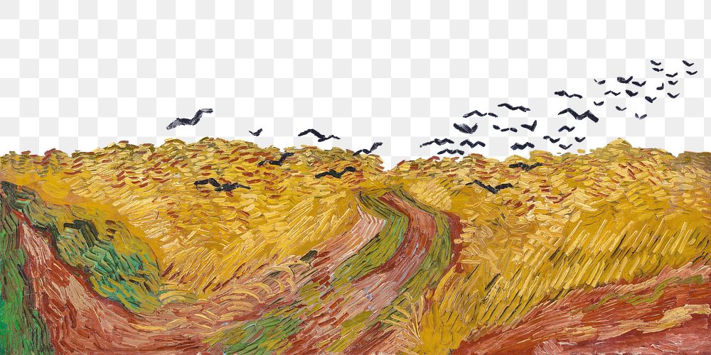 Png Van Gogh's Wheatfield with Crows border sticker, transparent background remixed by rawpixel 