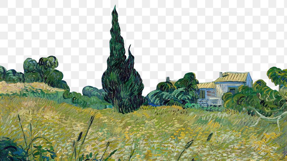 Van Gogh png scenery border, Green Wheat Field with Cypress, transparent background, remixed by rawpixel.