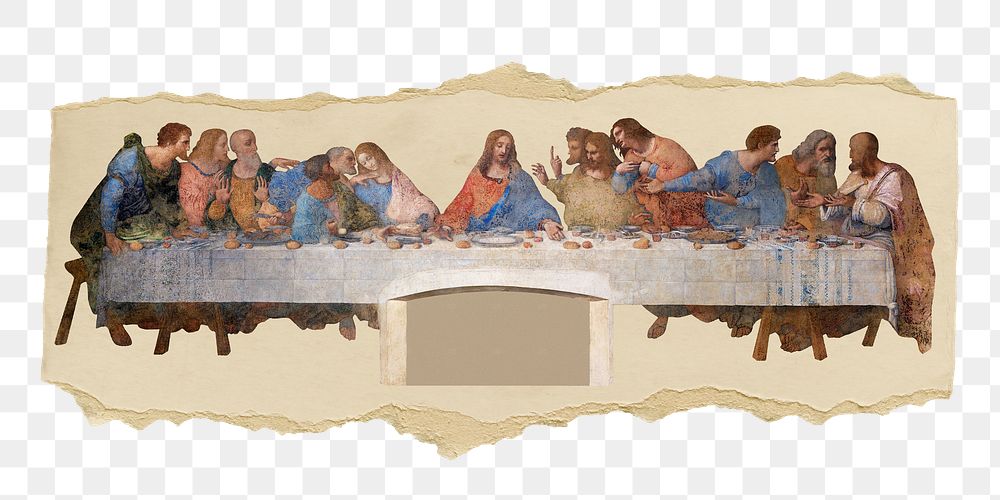 Png the last supper sticker, da Vinci-inspired artwork, transparent background, ripped paper badge, remixed by rawpixel