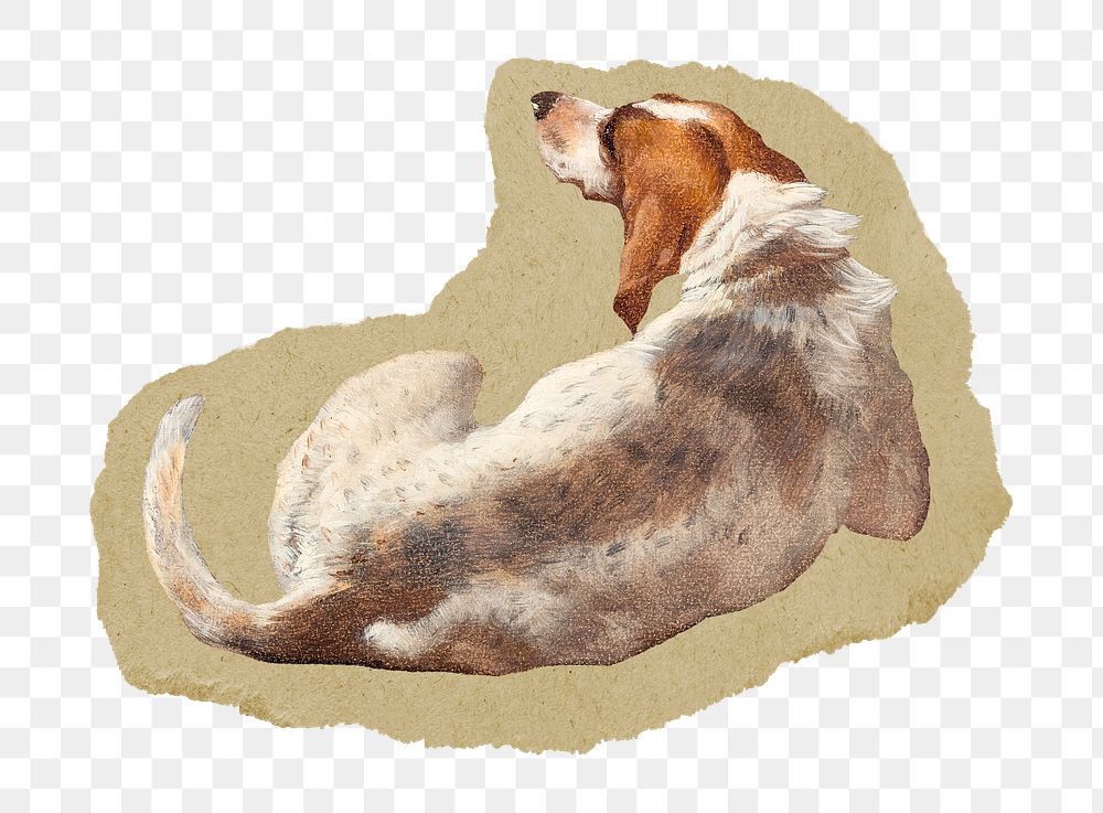 Dog png sticker, vintage artwork, transparent background, ripped paper badge