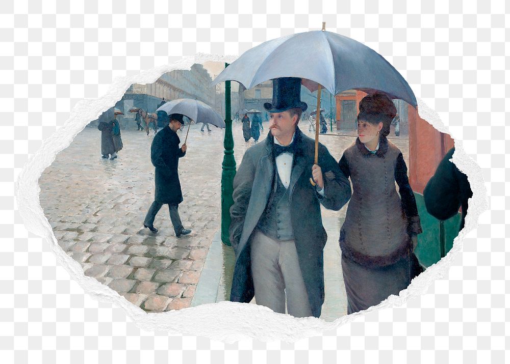Png Paris Street Rainy Day sticker, famous painting by Gustave Caillebotte in ripped paper badge, transparent background.…
