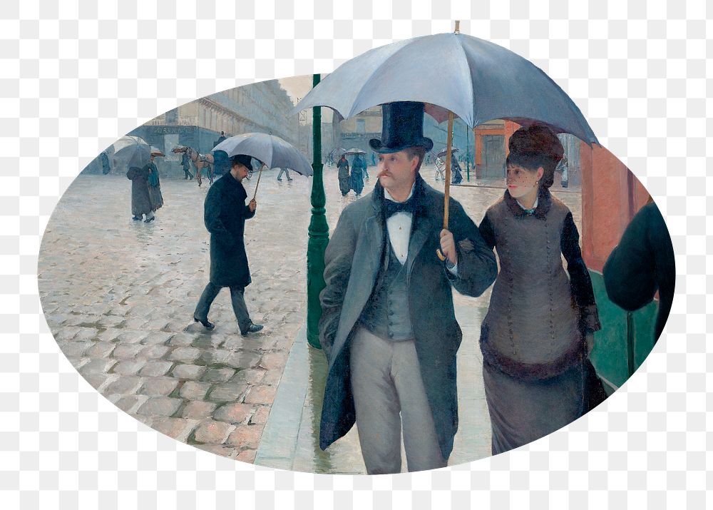 Png Paris Street Rainy Day badge sticker, famous painting by Gustave Caillebotte, transparent background. Remixed by rawpixel