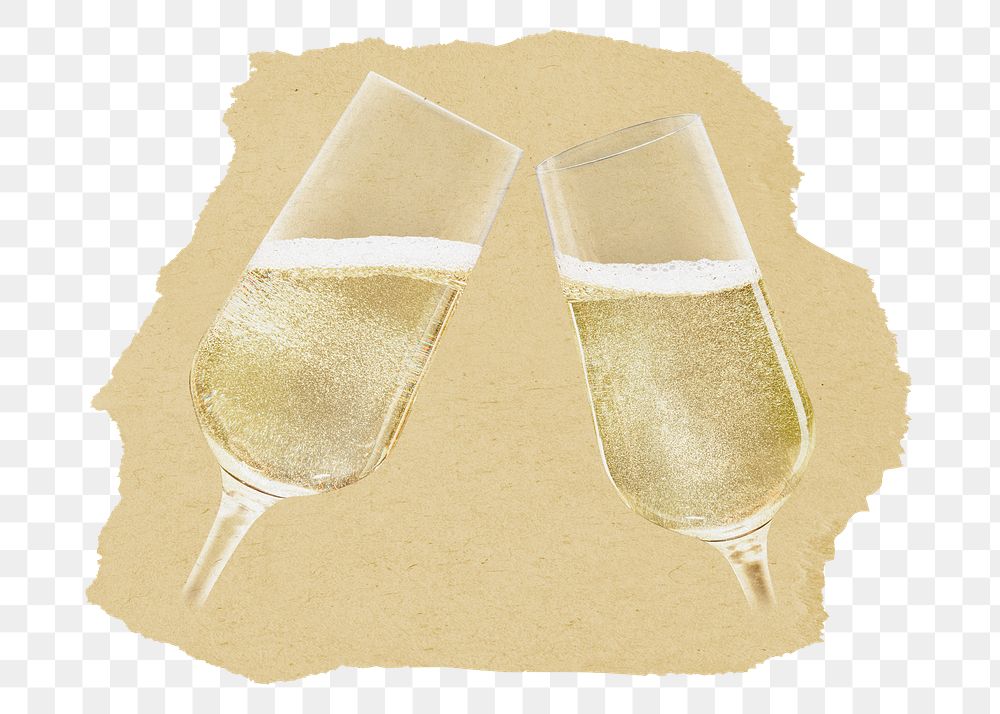 Clinking champagne png glasses ripped paper sticker, transparent background