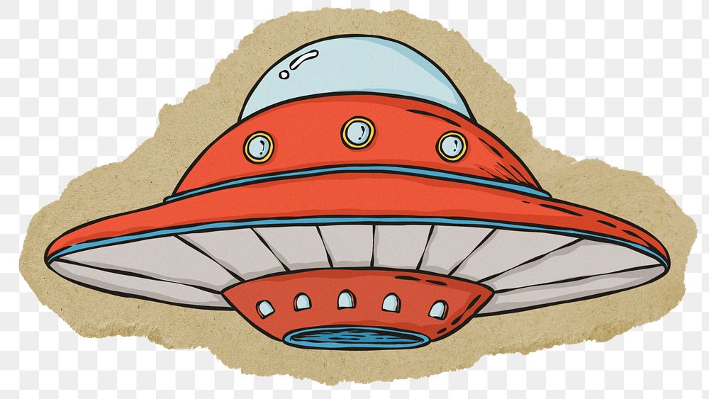 UFO cartoon png sticker, ripped paper, transparent background
