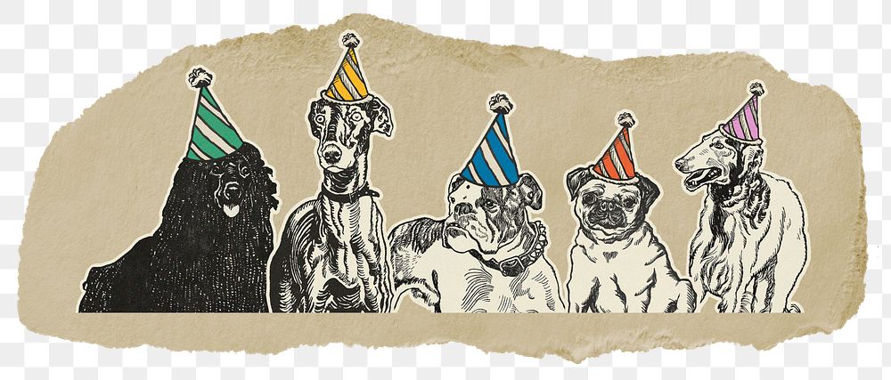 Dogs birthday party png sticker, ripped paper on transparent background
