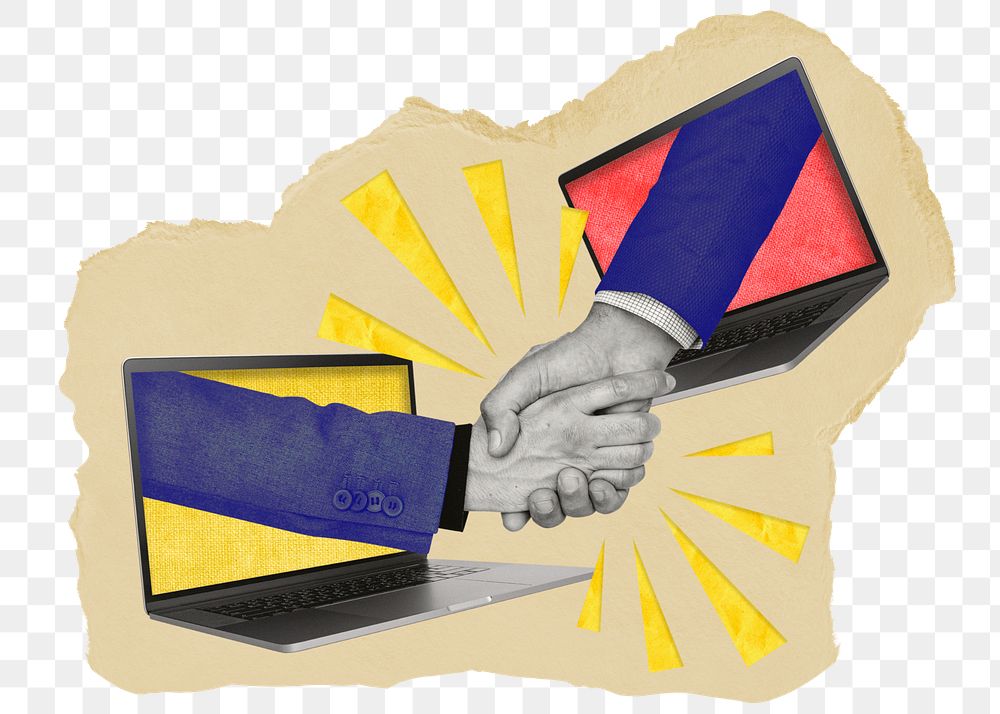 Virtual handshake png sticker, ripped paper, transparent background