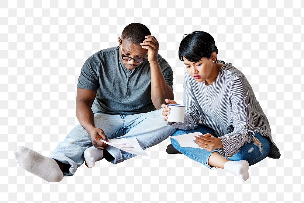 PNG Couple managing the debt, collage element, transparent background