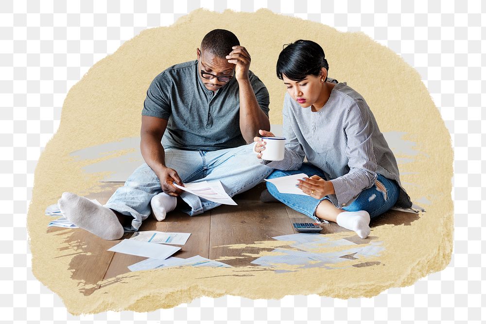 PNG Couple managing the debt, collage element, transparent background