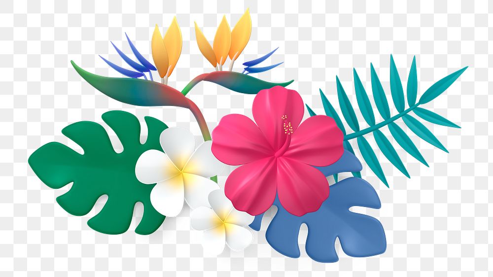Tropical flower png sticker, botanical 3D cartoon transparent background