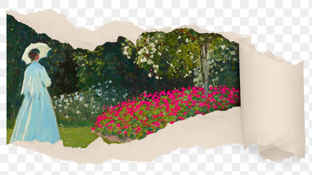 Png Monet's Woman in Garden sticker, torn paper remixed by rawpixel, transparent background