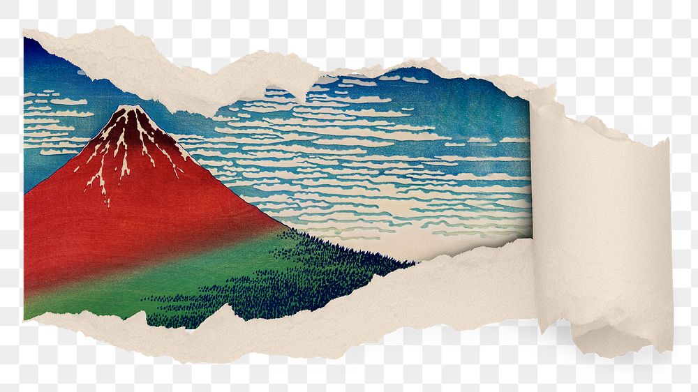 Hokusai's mountain png sticker, ripped paper  remixed by rawpixel, transparent background