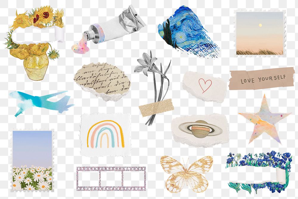 Aesthetic art png sticker, ripped paper set transparent background