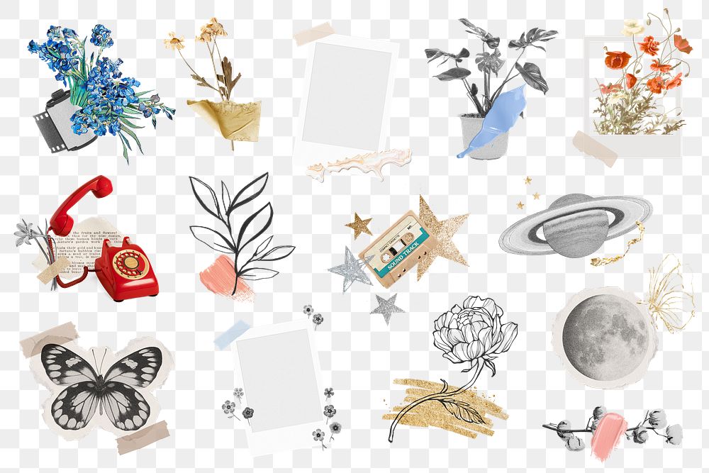 Collage art png sticker, mixed media design set transparent background